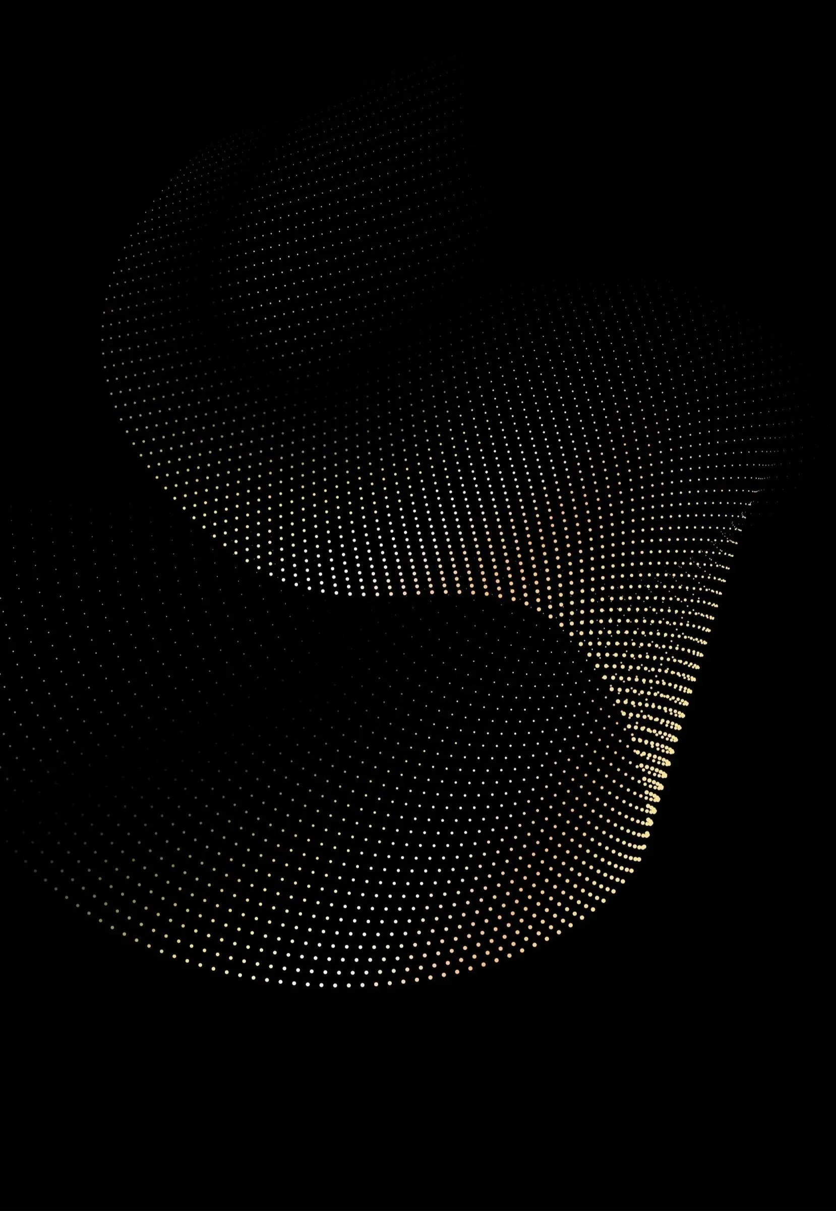 Abstract digital art with glowing dots forming three interconnected curved shapes on a black background. That is on a website that provides help for businesses struggling to fix their problems.