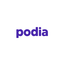 The word "podia" written in purple text on a white background, which is the logo of Podia. Which you can use to do to make passive income.