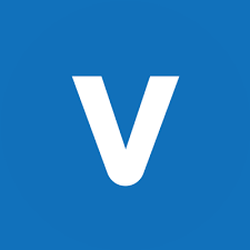 Blue square with a white letter 'V' in the center, which is the logo of Voices.com. Which you can use to do a side hustle.