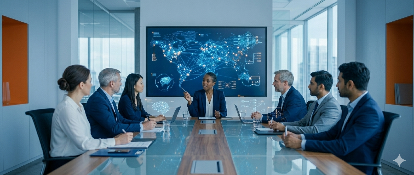 Business meeting in a modern conference room with seven diverse professionals sitting around a wooden table, engaged in discussion, with a large digital screen displaying a world map and data visualizations.