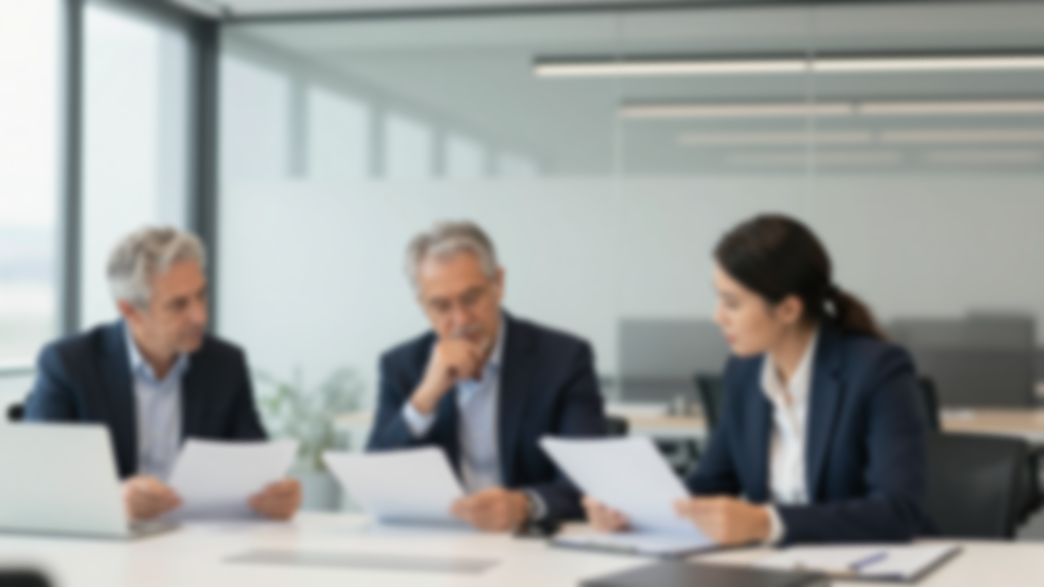 Three business professionals, two men and one woman, sit at a table in a modern office, reviewing documents. They are dressed in formal business attire and appear engaged in discussion.