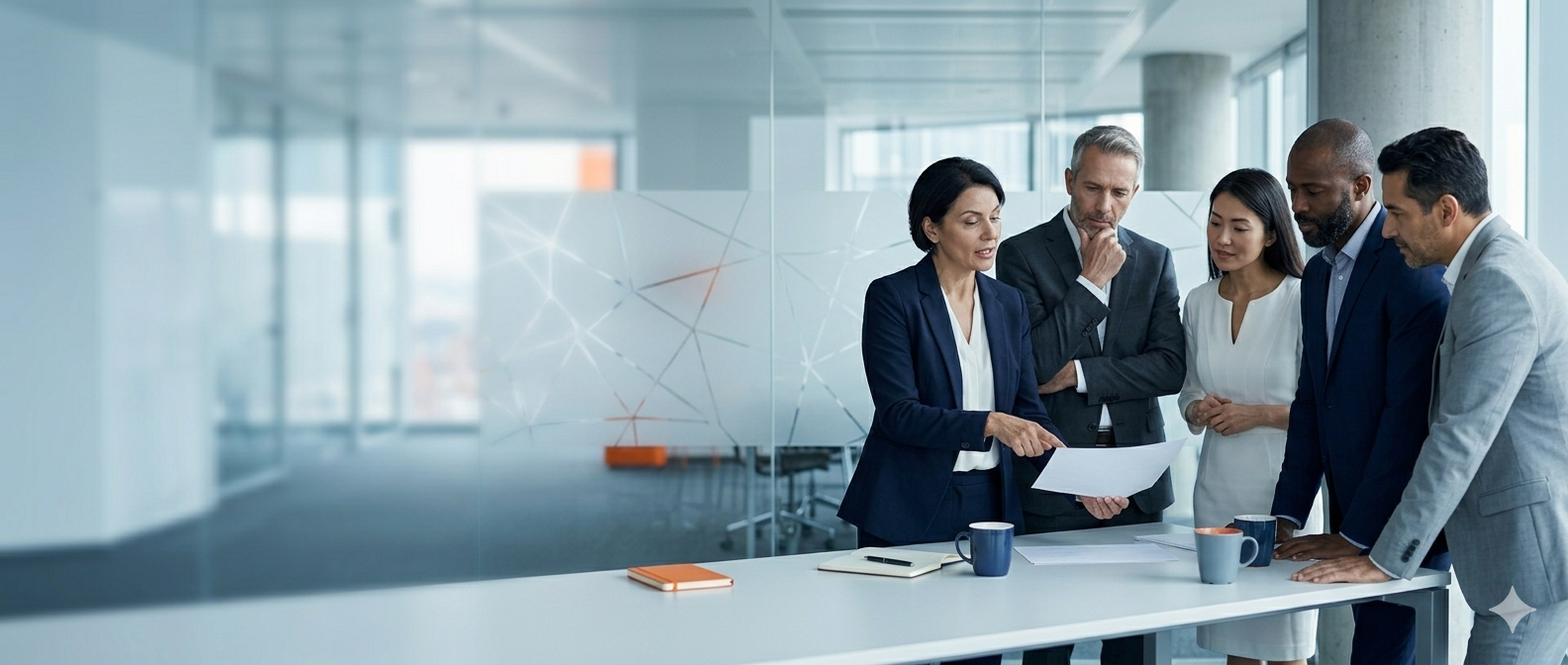 Business team in suits gathered around a table, listening to a woman presenting documents in a modern office with large windows.