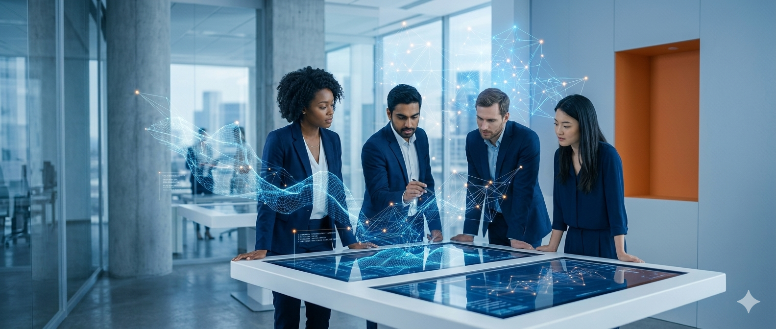 Four professionals in business attire gathered around a large digital table with holographic data visualization in a modern office.