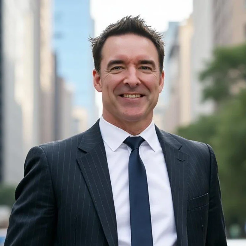 A smiling man wearing a dark pinstripe business suit, white shirt, and navy tie, standing outdoors in an urban setting with blurred city buildings in the background.