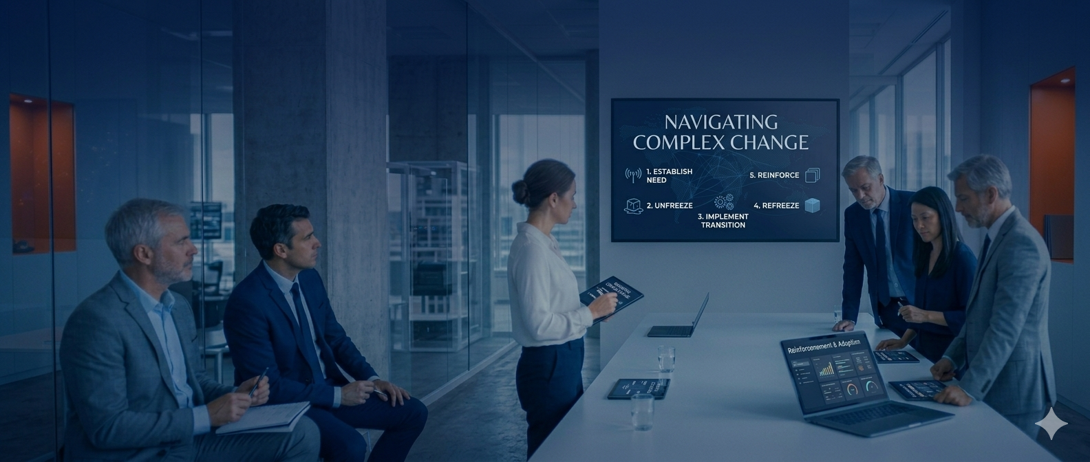 Business meeting in a modern office with six people, presentation on a screen reading 'Navigating Complex Change,' and laptops and tablets on the table.
