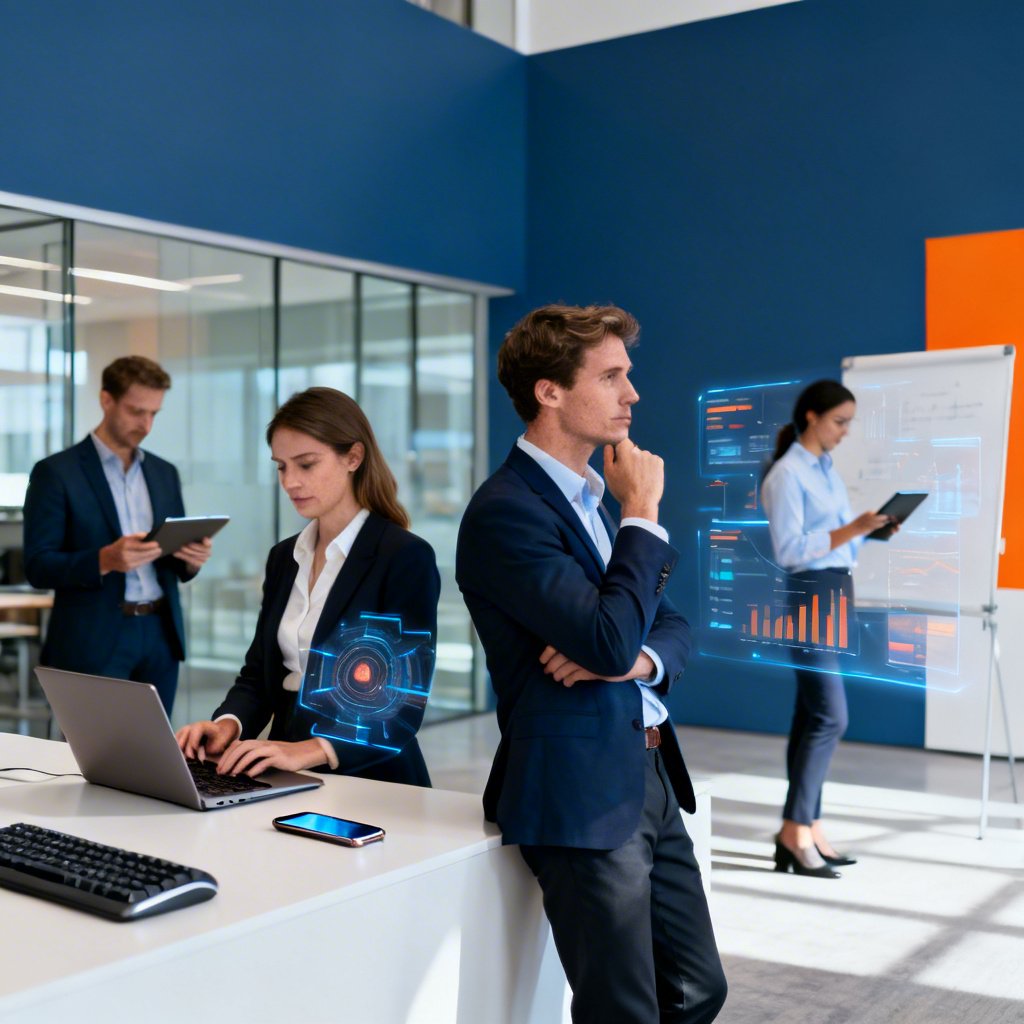 Business professionals working in a modern office, with digital holograms displaying data and graphs.