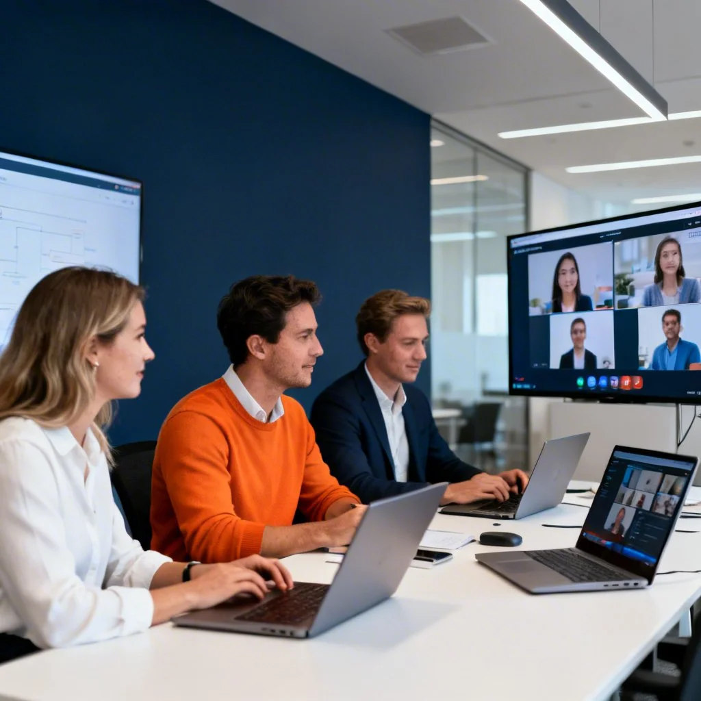 Three people sitting at a conference table in a modern office, participating in a video conference call on their laptops and a large screen, with a blue wall and glass partitions in the background.