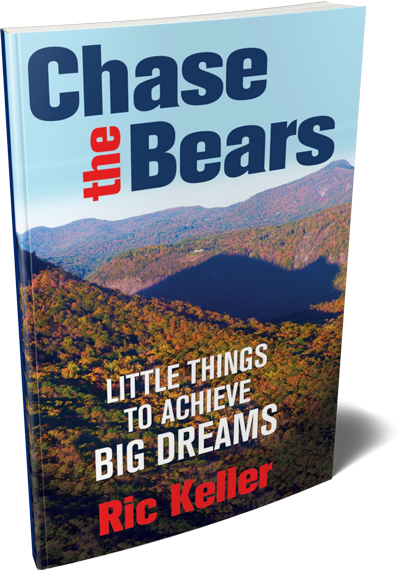 Book cover titled "Chase the Bears" with a mountain landscape background and subtitle "Little Things to Achieve Big Dreams" by Ric Keller.