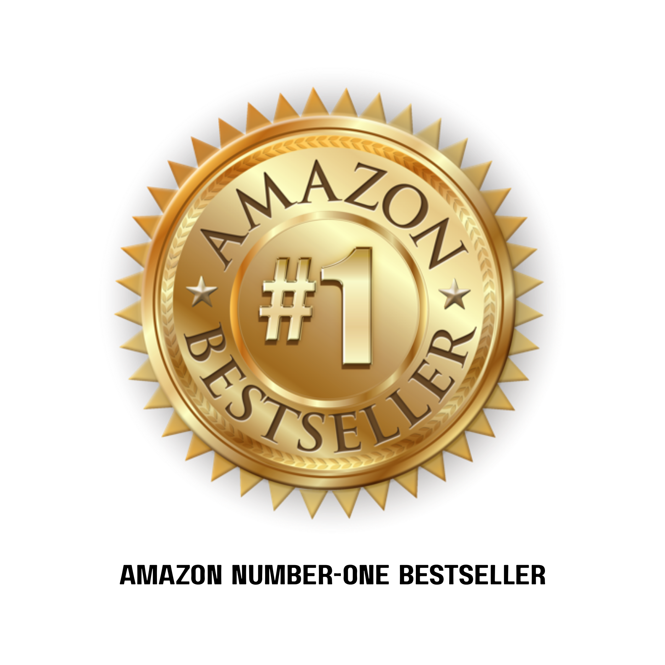 Gold medal with the words '#1' in the center and surrounded by stars, with a scalloped edge and decorative details.