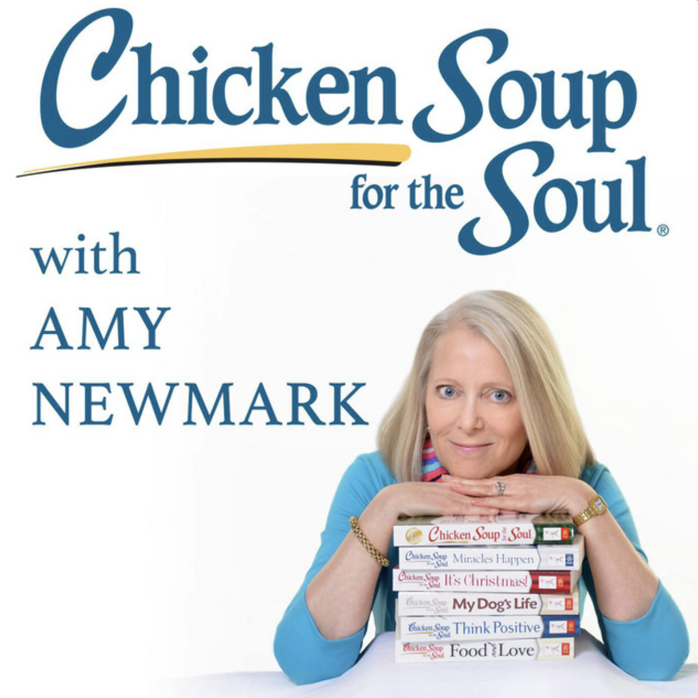 Book cover titled 'Chicken Soup for the Soul with Amy Newmark.' A woman with blonde hair, wearing a blue top, rests her chin on her hands in front of a stack of colorful books from the Chicken Soup for the Soul series, including titles such as 'Miracles Happen,' 'It's Christmas,' and 'Food & Love.'