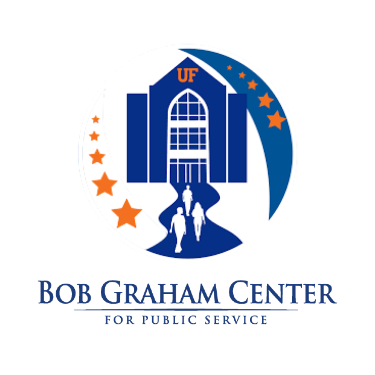 Logo for Bob Graham Center for Public Service featuring a stylized building with the letters 'UF' at the top, an arc of orange stars, and three figures walking toward the building, with the center's name written below.