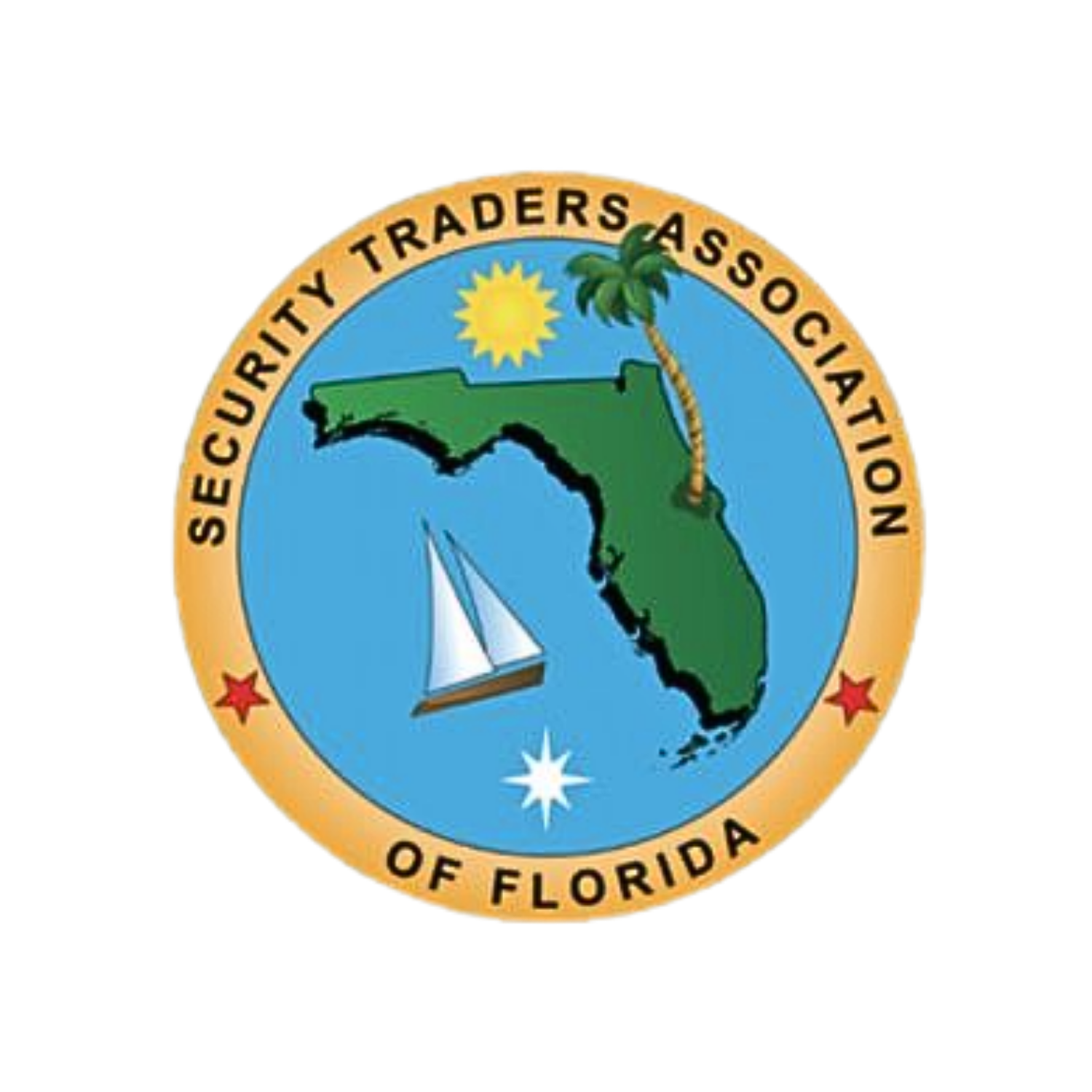 Seal of the Securities Traders Association of Florida featuring a map of Florida, a sailboat, a bright sun, a palm tree, a star, and a smaller star on a blue background with a circular beige border.
