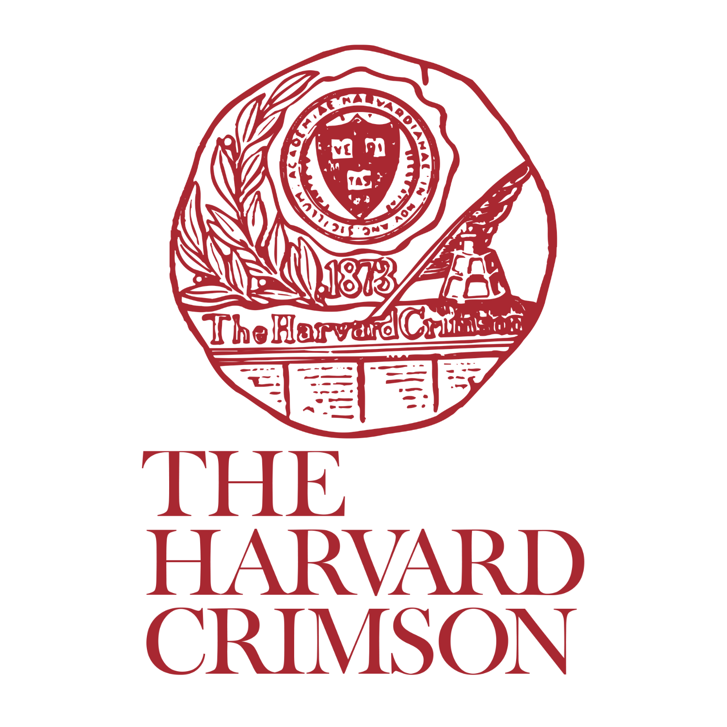 Harvard Crimson logo with a red crest featuring a shield with a cross, a lantern, and a laurel branch, with the words 'The Harvard Crimson' below.
