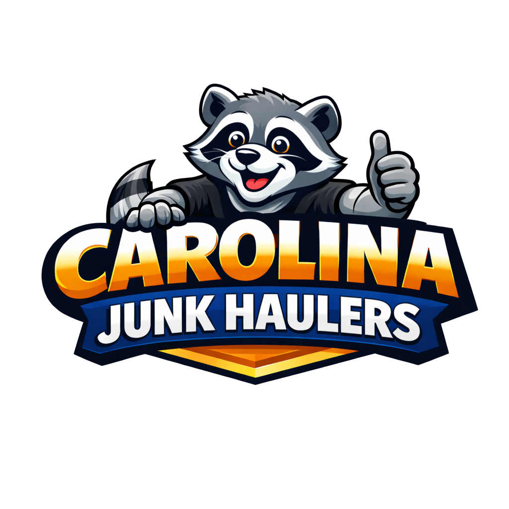 Logo for Carolina Junk Haulers featuring a cheerful raccoon mascot giving a thumbs-up.