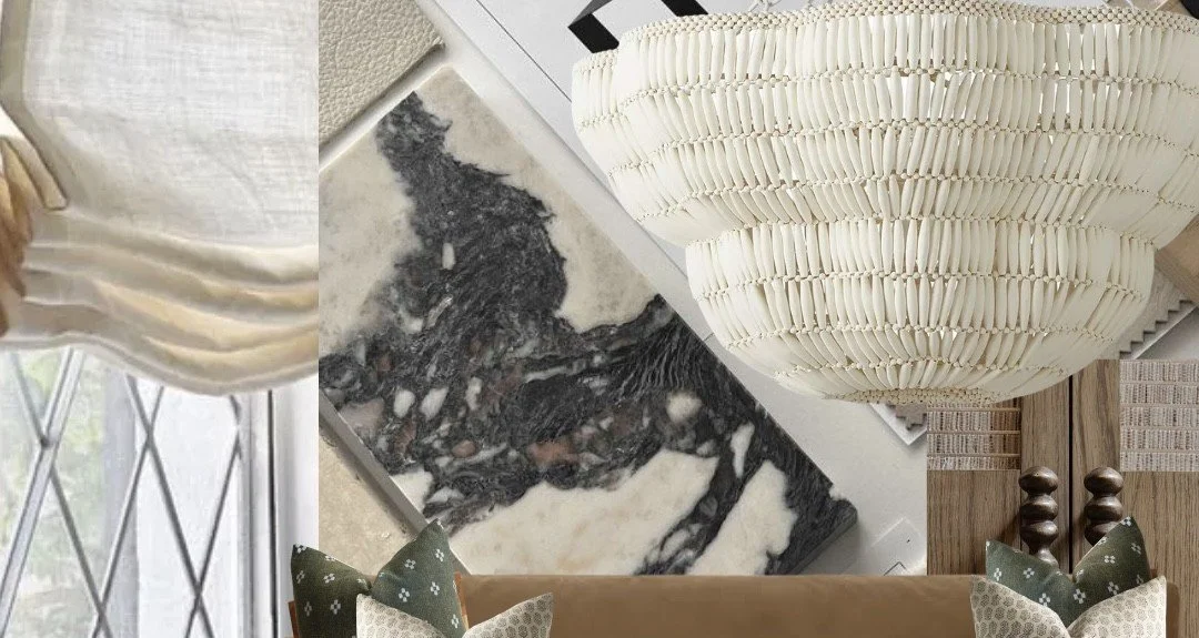 A collage of interior decor including a white pendant lampshade, a marble tray with a black and white pattern, a textured glass window with diamond-shaped panes, and a sofa with pillows.