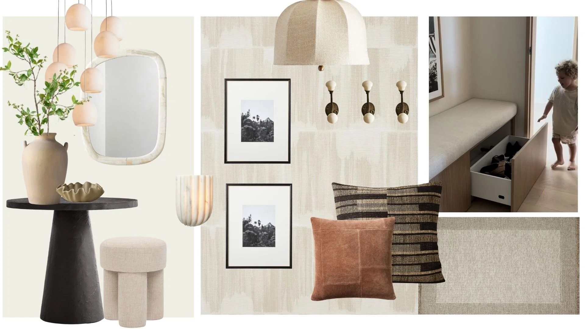 A digital collage of interior design elements includes a beige vase with greenery, a mirror, hanging pendant lights, framed black-and-white photographs, a beige cloth lampshade, a wall sconce with three bulbs, a bench with a child standing nearby, and various cushions and textiles in neutral tones.