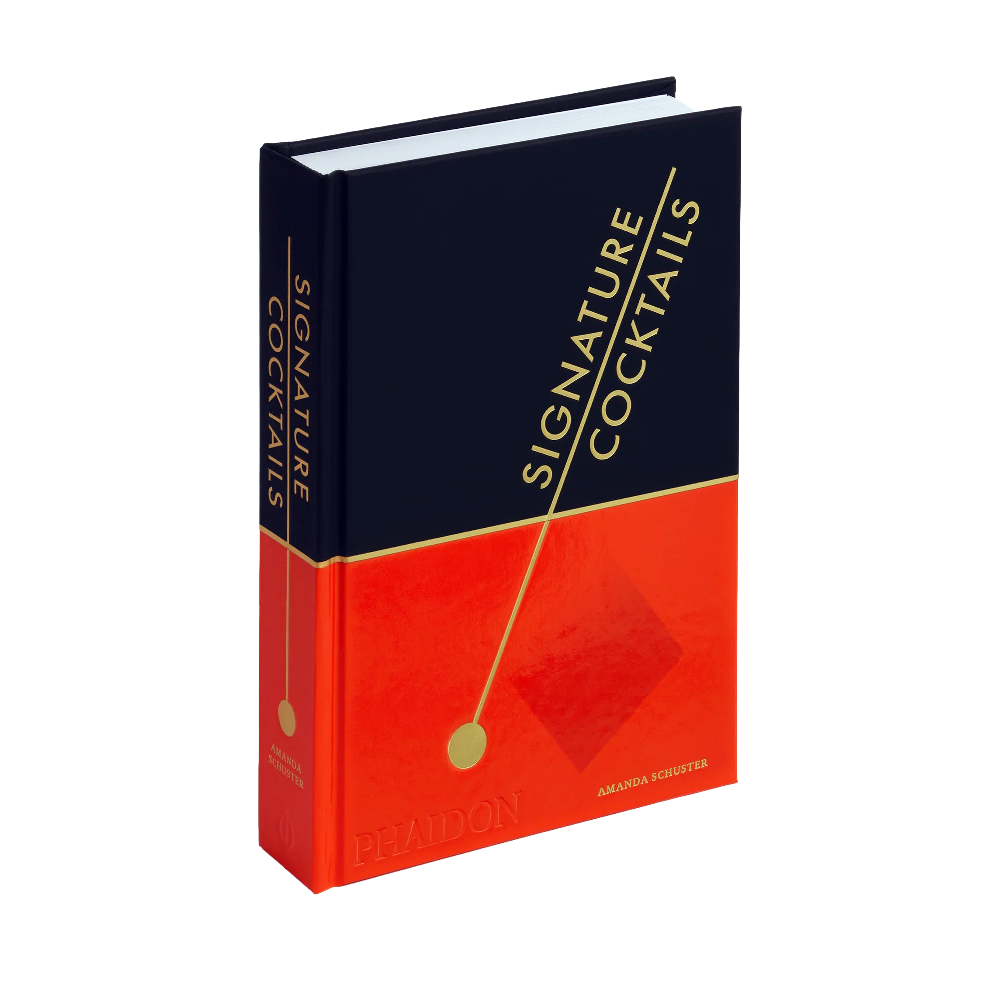 Book titled 'Signature Cocktails' by Amanda Schuster, with a black and red cover featuring a gold diagonal line and circle design.