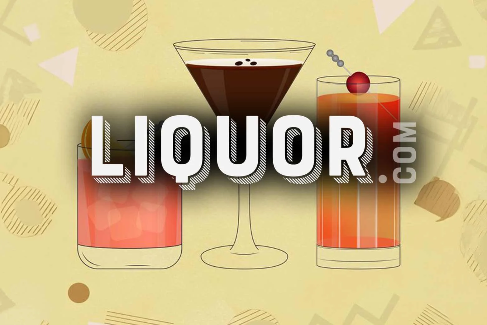 Stylized illustration of three cocktail glasses with drinks, overlapping with the text 'LIQUOR.COM' in bold white letters.