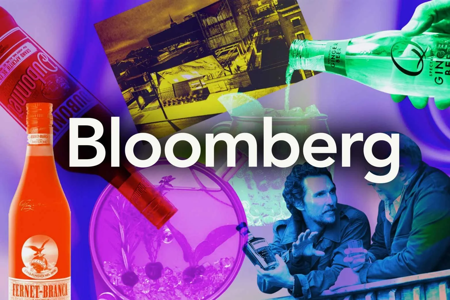 Collage of various objects including drinks, a garden scene, and people in conversation with the Bloomberg logo overlaid.