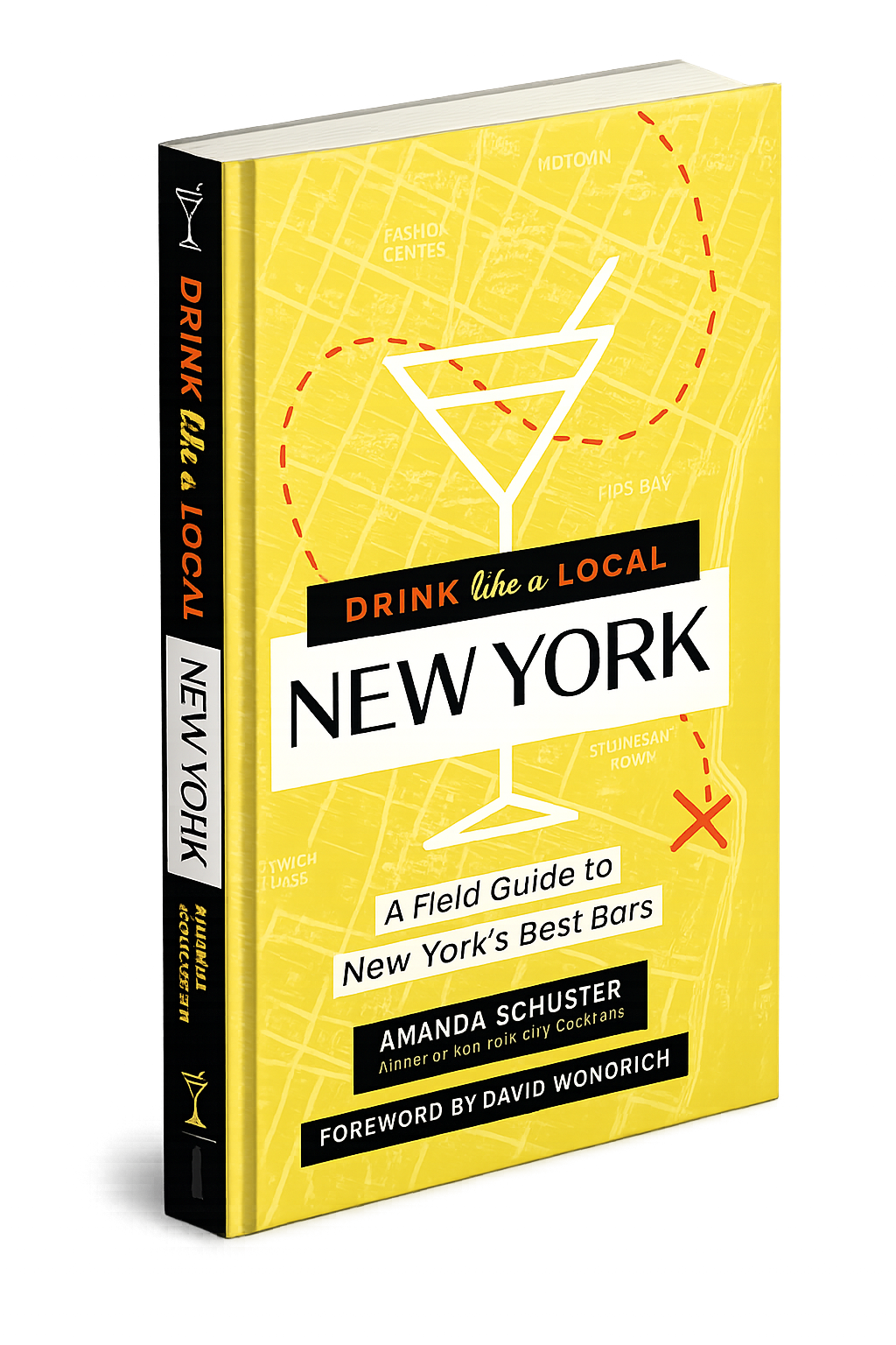 Yellow book cover titled 'Drink like a Local New York: A Field Guide to New York's Best Bars' with a map background and a martini glass illustration.