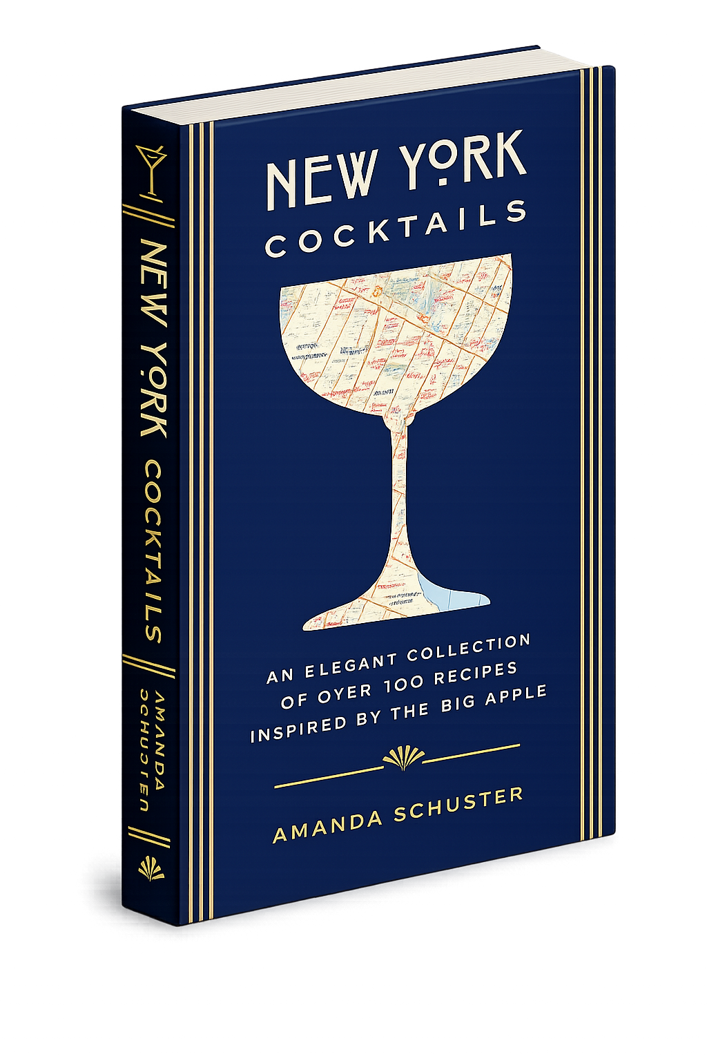Book titled 'New York Cocktails' with a cocktail glass made out of a map design on the cover.