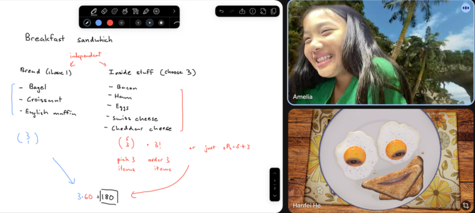 A screenshot of a Zoom call with a woman named Amelia smiling outside, a breakfast menu with options for a bagel, croissant, or English muffin, and a plate with two eggs, a piece of toast, and a slice of sausage.