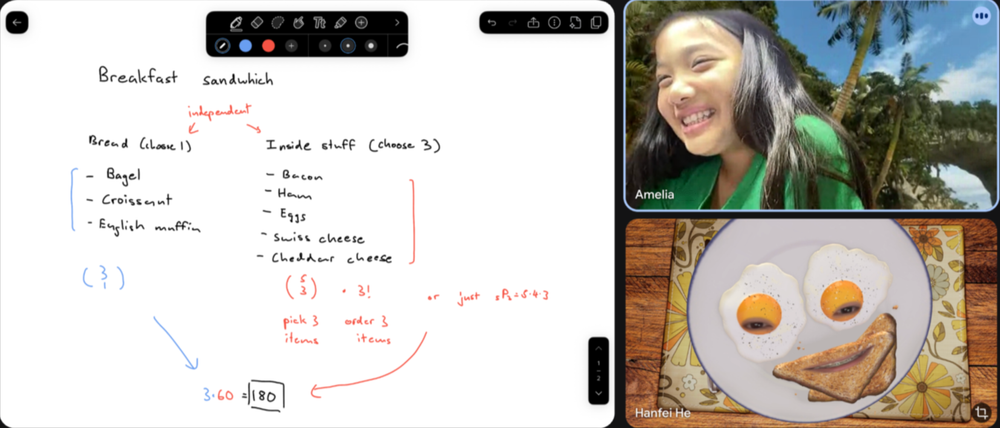 A virtual classroom split into two sections: the left with handwritten notes about making breakfast sandwiches, and the right showing a smiling girl named Amelia outdoors and a plate with two fried eggs and toast.