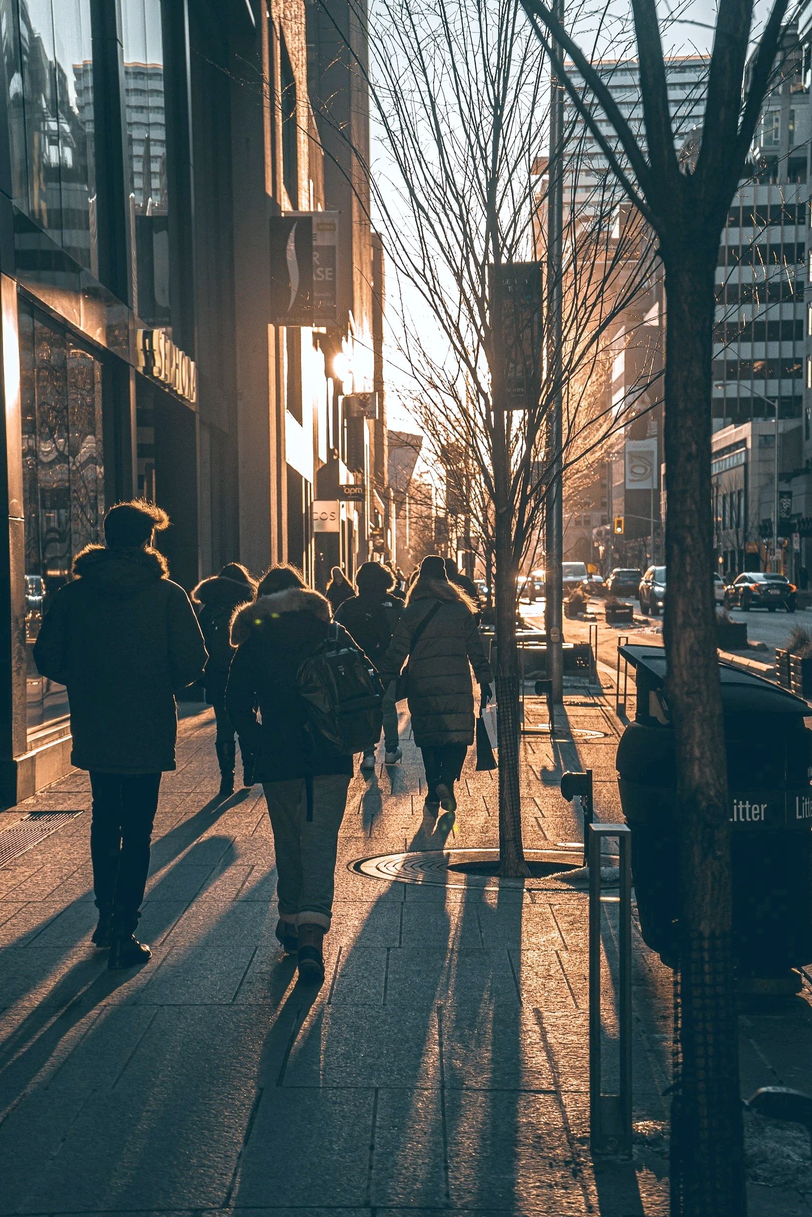 People walking on a city sidewalk during sunset, with tall buildings and leafless trees on the street.