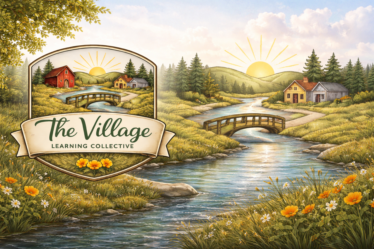 A scenic landscape with a winding river, small wooden bridge, houses, green trees, and a sunrise over rolling hills, with a sign that says "The Village Learning Collective" and flowers in the foreground.