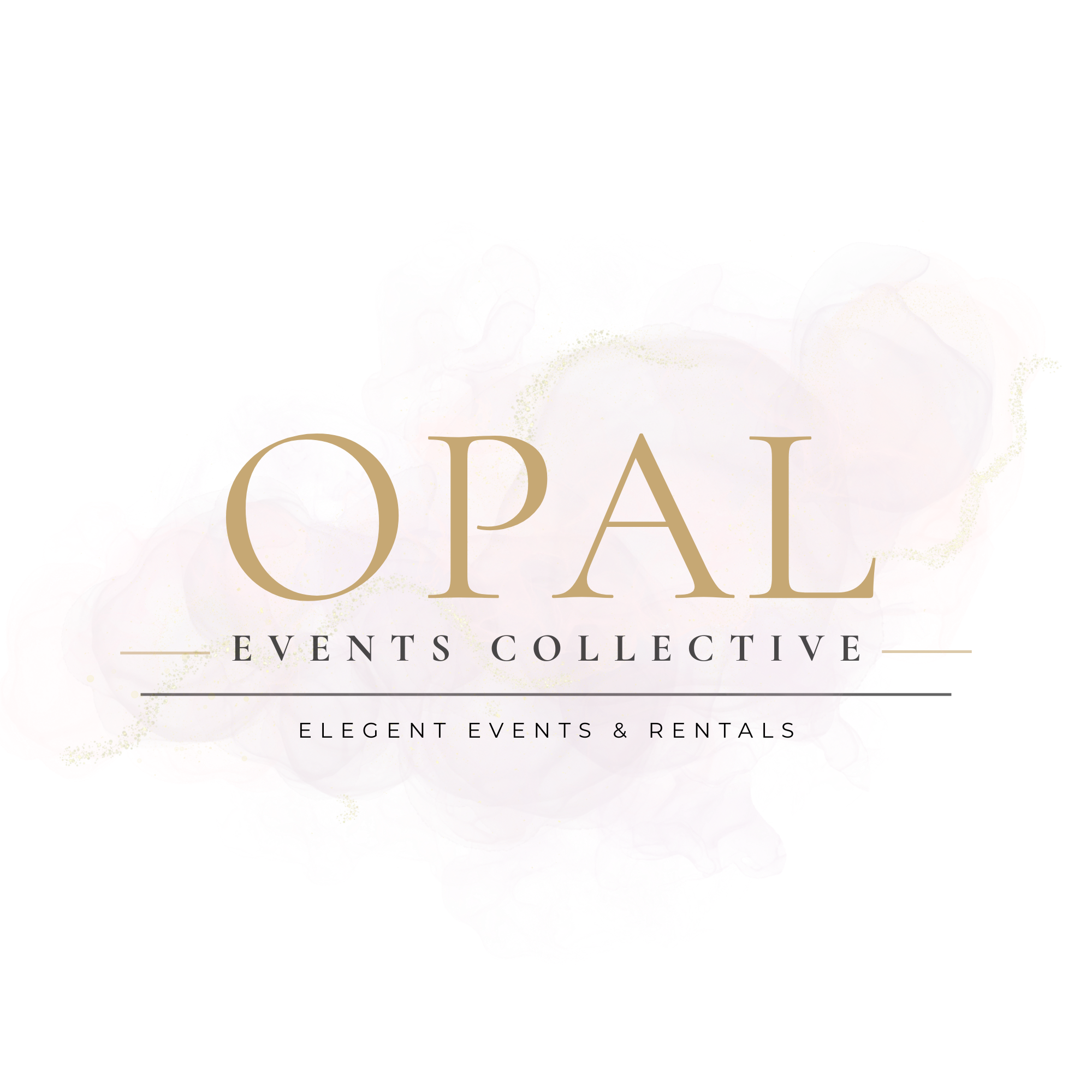 Logo for Opal Events Collective featuring a soft, pastel pink and lavender watercolor background with gold accents. The text reads 'OPAL EVENTS COLLECTIVE' with a tagline 'ELEGANT EVENTS & RENTALS' in elegant font.