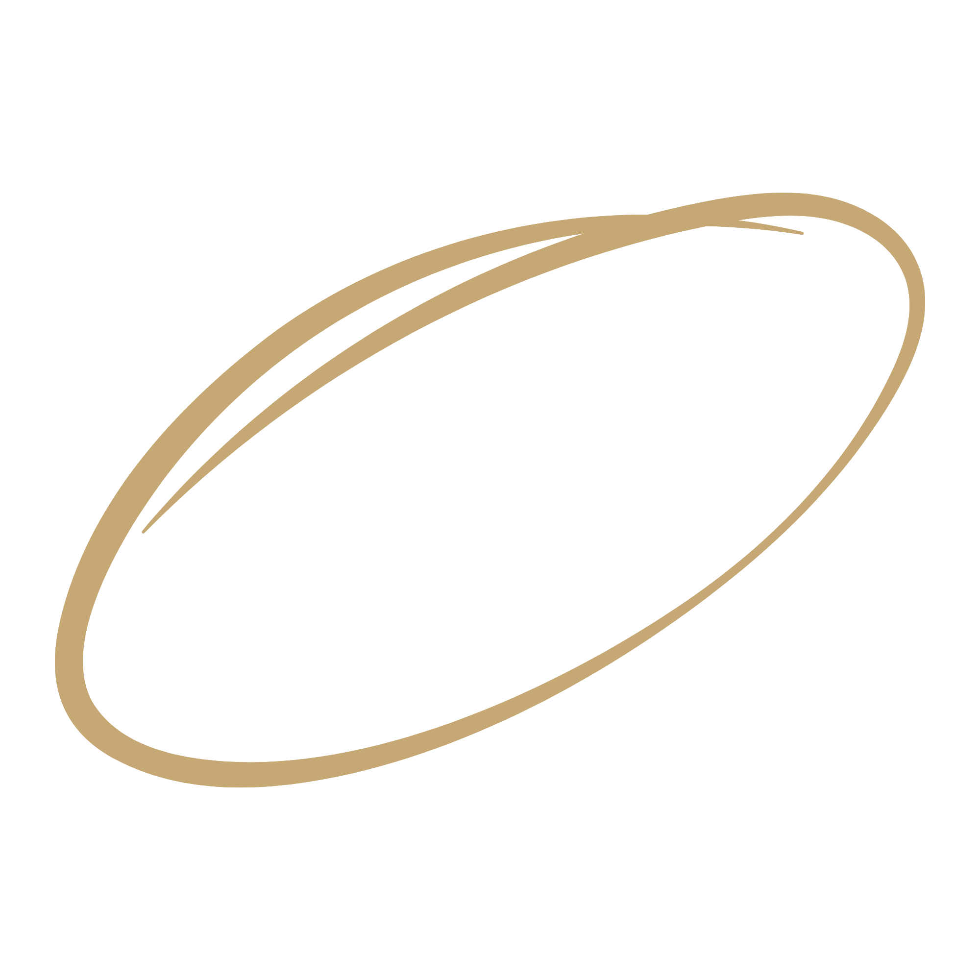 A minimalist illustration of a gold-colored ellipse outline with two curved lines passing through it, on a white background.
