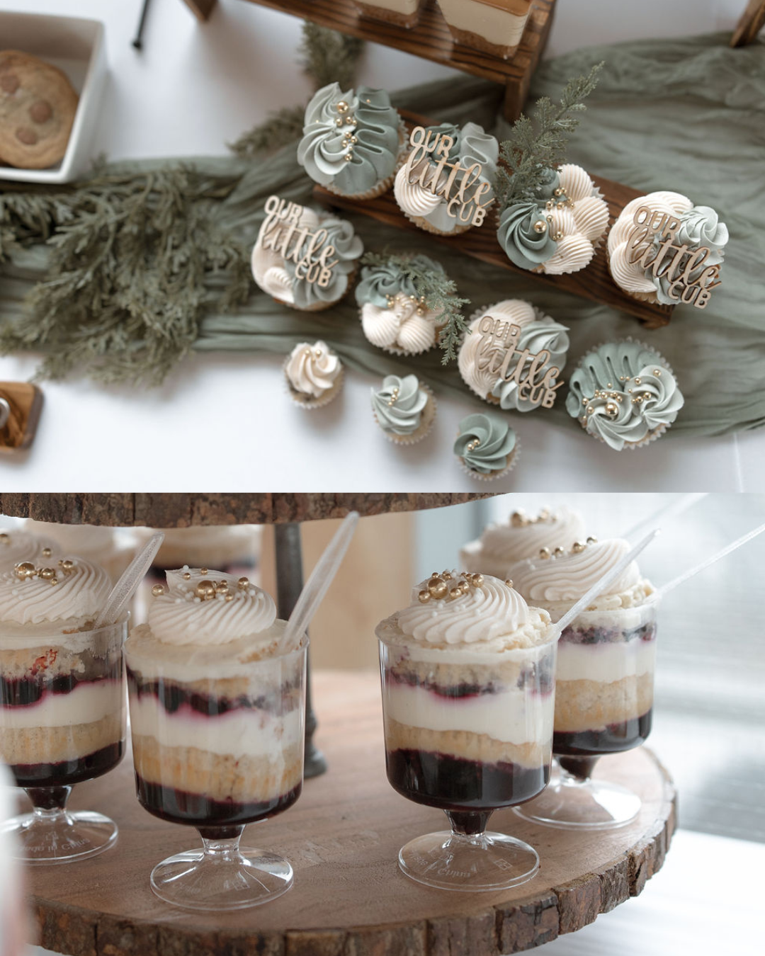 Desserts including decorated cupcakes with "Our Little Cub" toppers and mini cheesecakes in glasses topped with whipped cream and gold pearls.