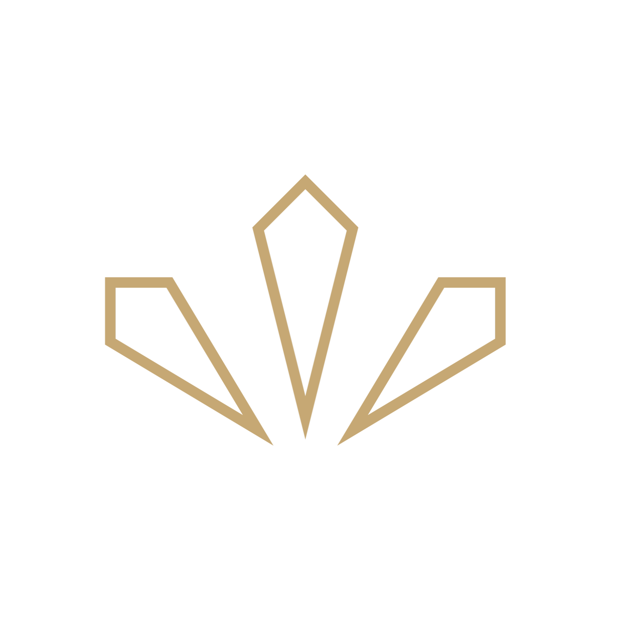 Minimalist geometric logo with a gold outline, floral or starburst shape on a white background.