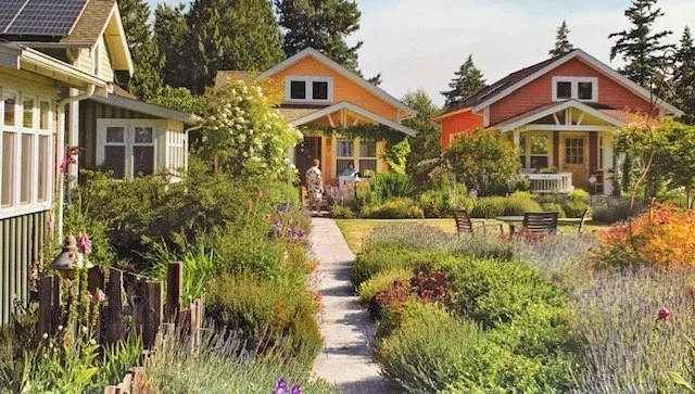 Colorful suburban houses with vibrant gardens and a stone pathway.