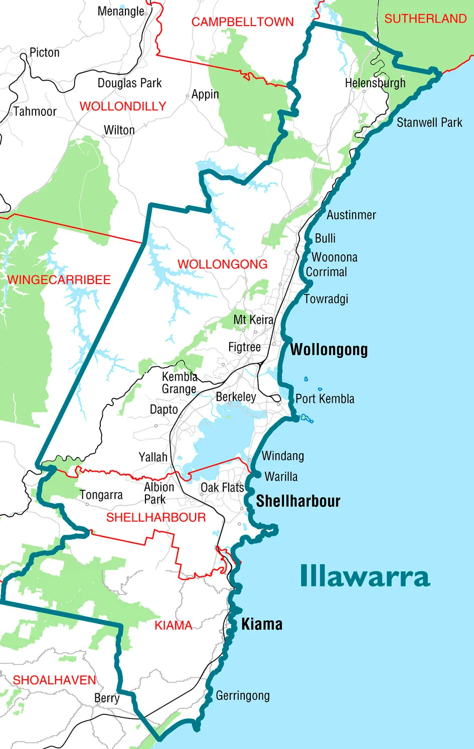 Map showing towns and regions along the Illawarra coast, including Shellharbour, Kiama, and Wollongong, with surrounding areas and natural features.