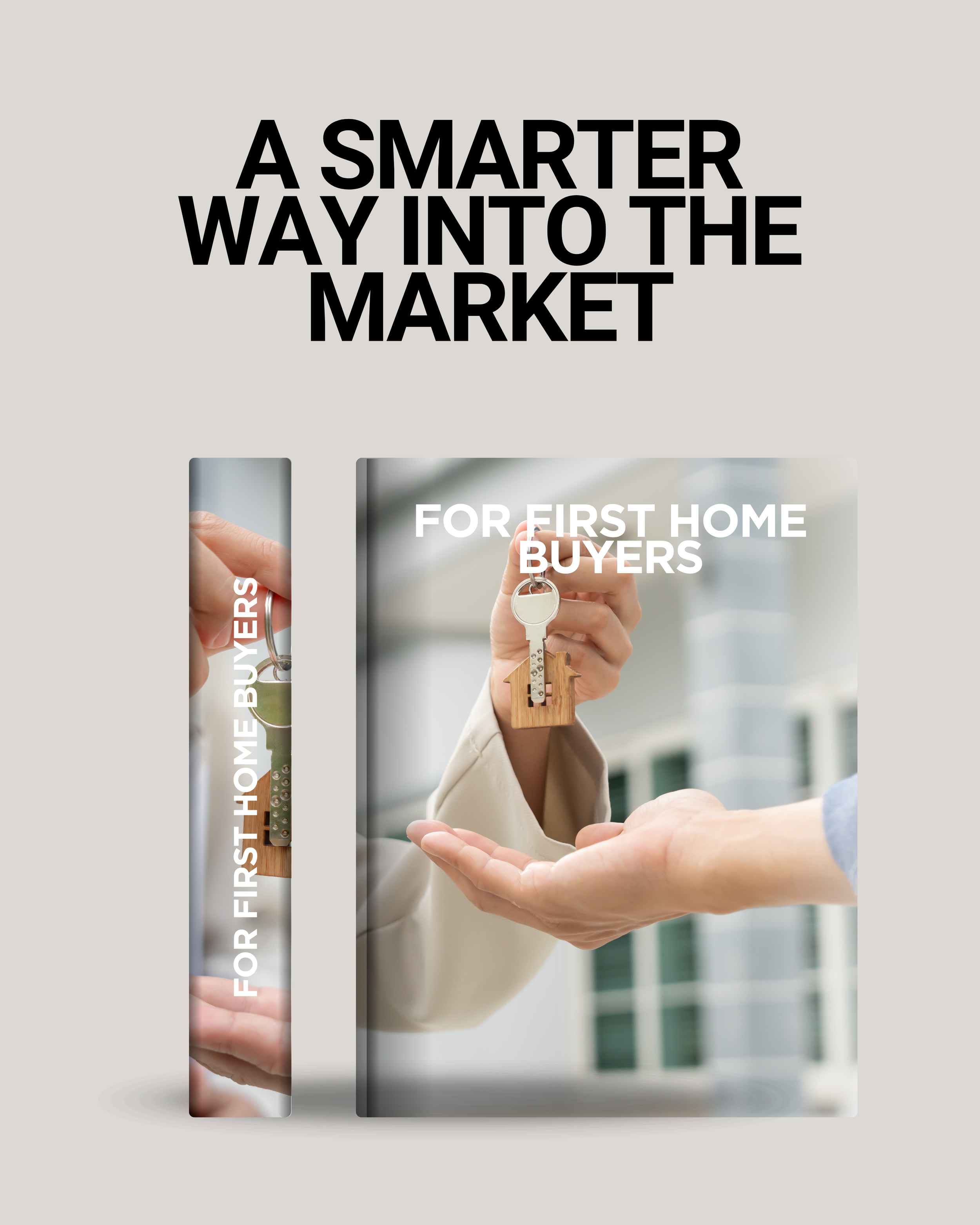 Close-up of two hands exchanging house keys, with one holding a key on a keychain in the shape of a house, and the other hand ready to receive it, in front of a modern building.