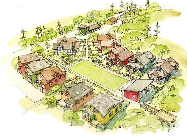 A watercolor illustration of a residential village with colorful houses, surrounded by trees and greenery, with pathways connecting the homes.