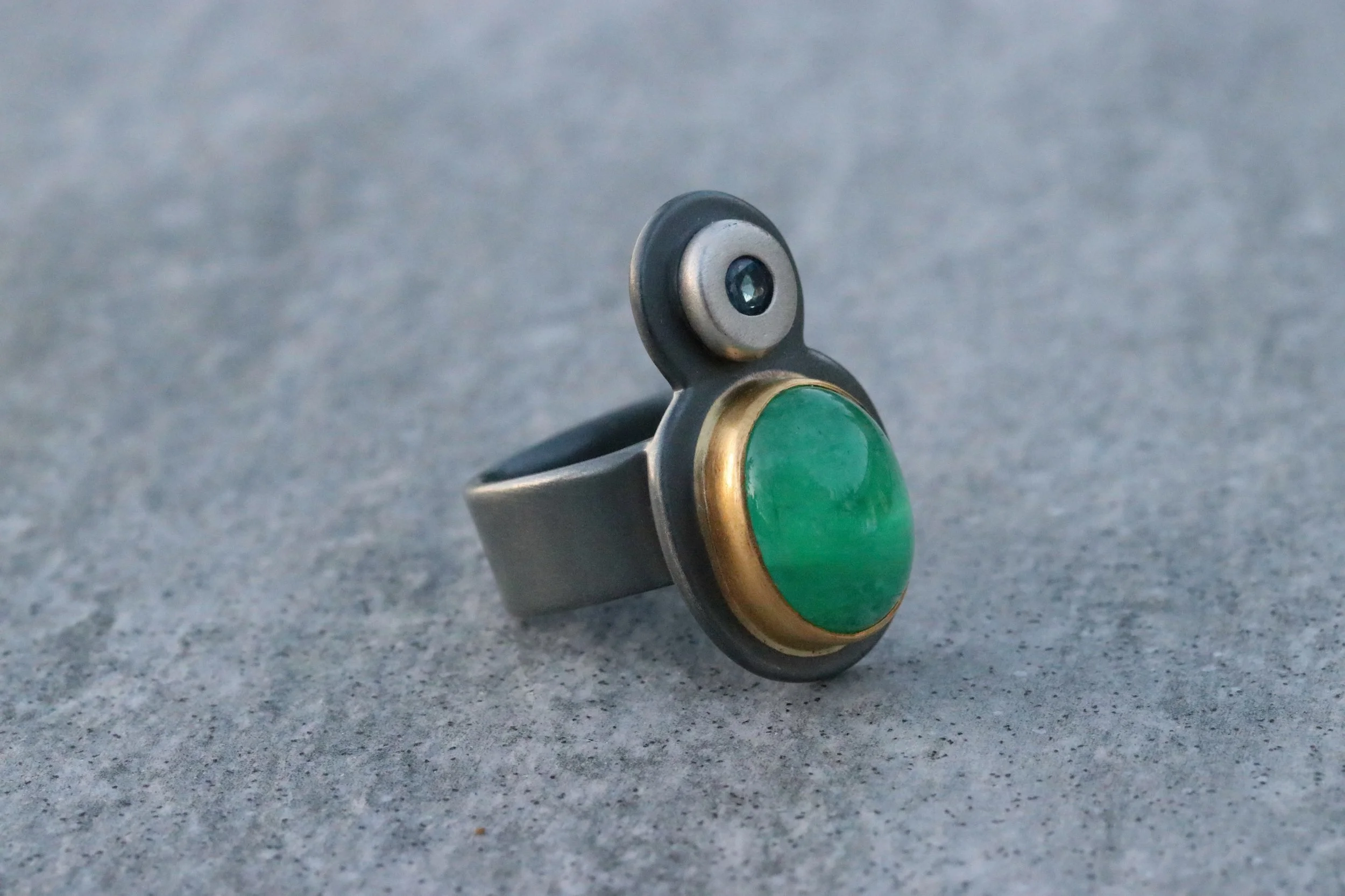 Emerald & Sapphire Diva Ring in Platinum/ 22K / Silver by Big Sur Goldsmiths