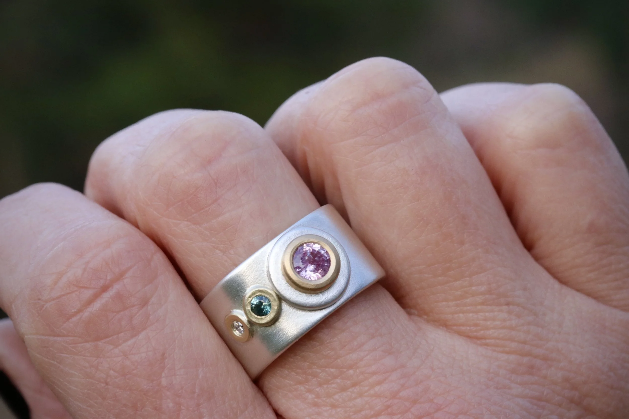 Sapphires and Diamond Band in 22K Gold & Sterling Silver
