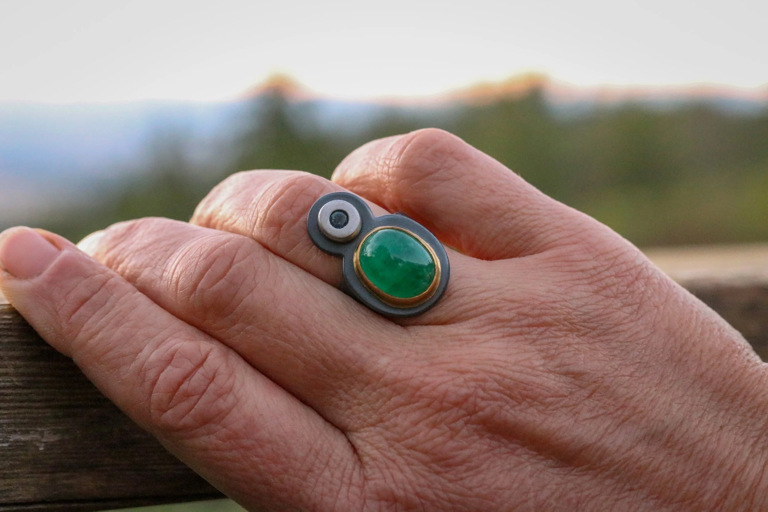 Emerald & Sapphire Diva Ring in Platinum/ 22K / Silver by Big Sur Goldsmiths