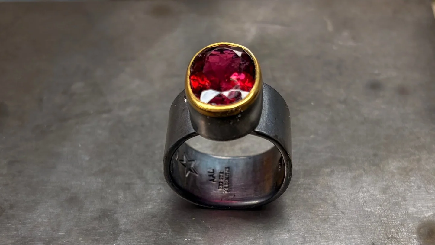 Tourmaline, Diamond, 22k gold and silver with patina. 
Wide band, feels like a size 9. 

#oneoff