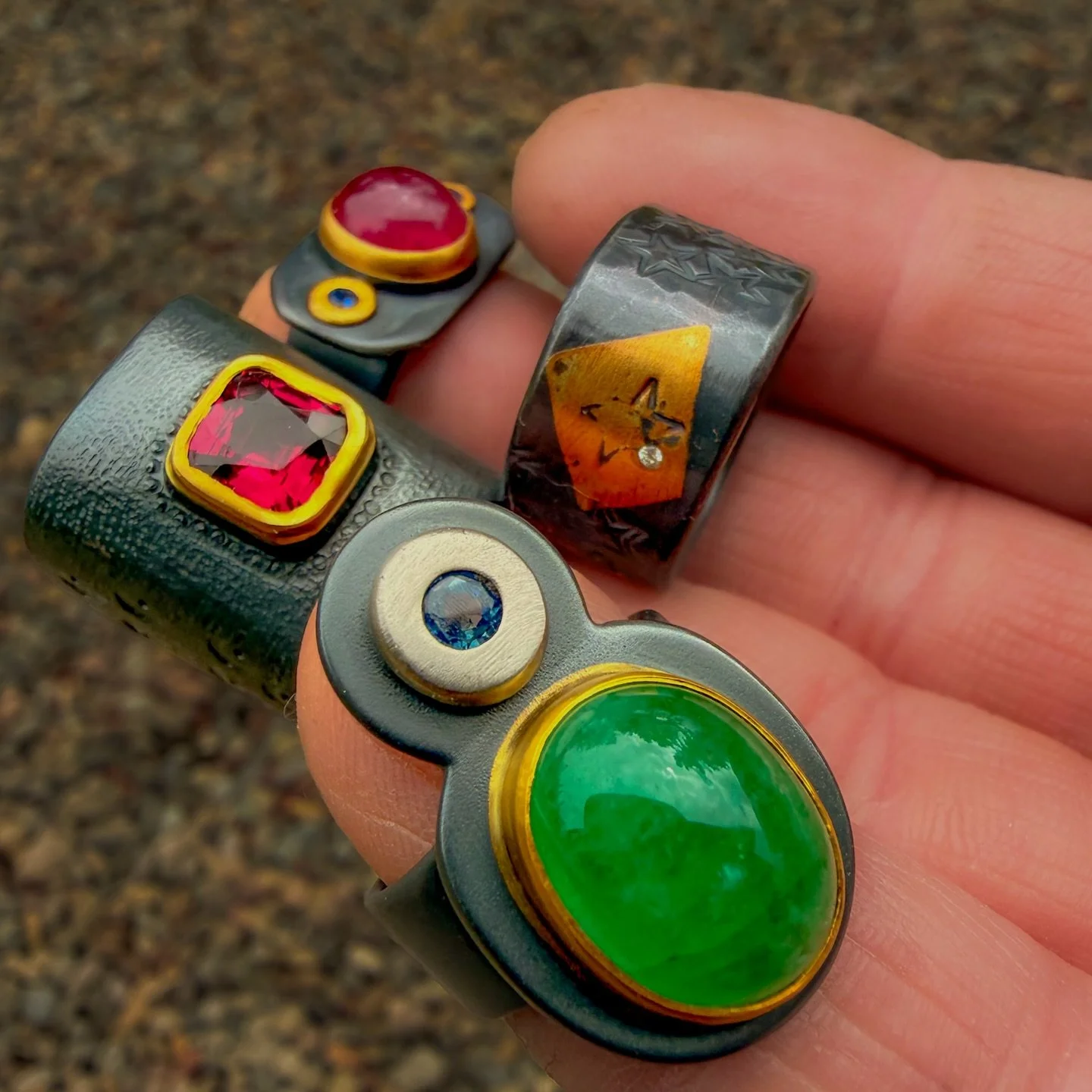 High polish. Texture. Patina. There are many ways to finish a piece. Sometimes shiny is right. Sometimes satin. Sometimes texture and a dark patina. 

I used to drive a few minutes down the road to the sulfur springs at Esalen, walk down to the baths