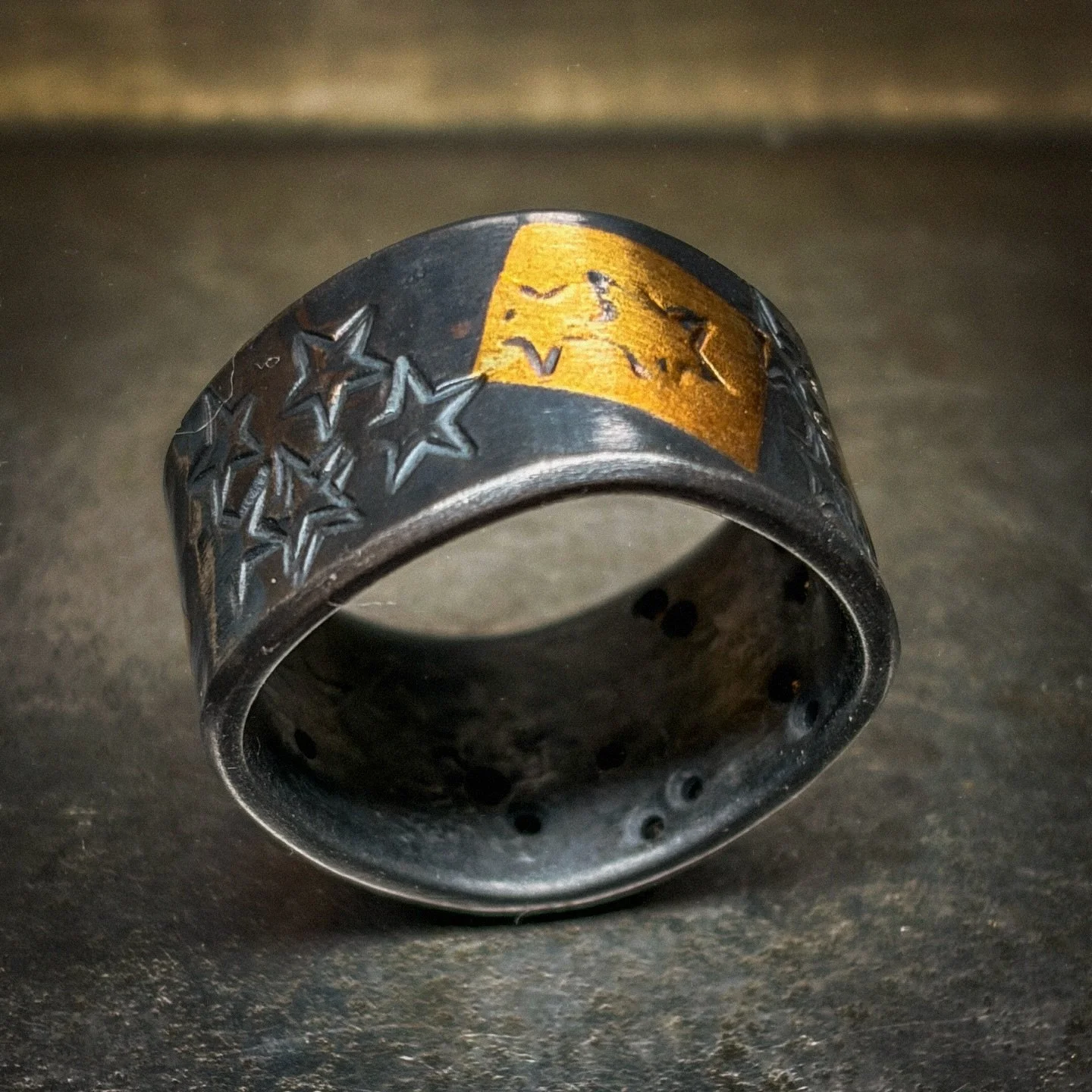 Forged band. Stars. Dark silver ox. 22k gold. Diamonds.
One off. 
Inquire via link in bio or DM.

.
.
.
.
.
#bigsurgoldsmiths #handmadejewelry #studiojewelry #finejewelry #oneofakind