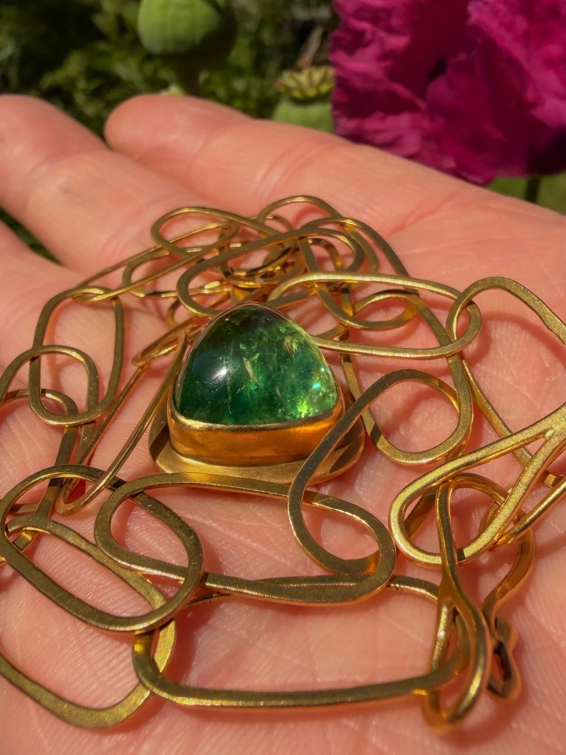 Green tourmaline, 22k gold, forged by hand. The chain alone is a study in patience. Nothing cast, nothing repeated. Every hammer mark holds something. Old gold. Old tools. Old ways. Most things don&rsquo;t last. This will. Inquire via link in bio or 