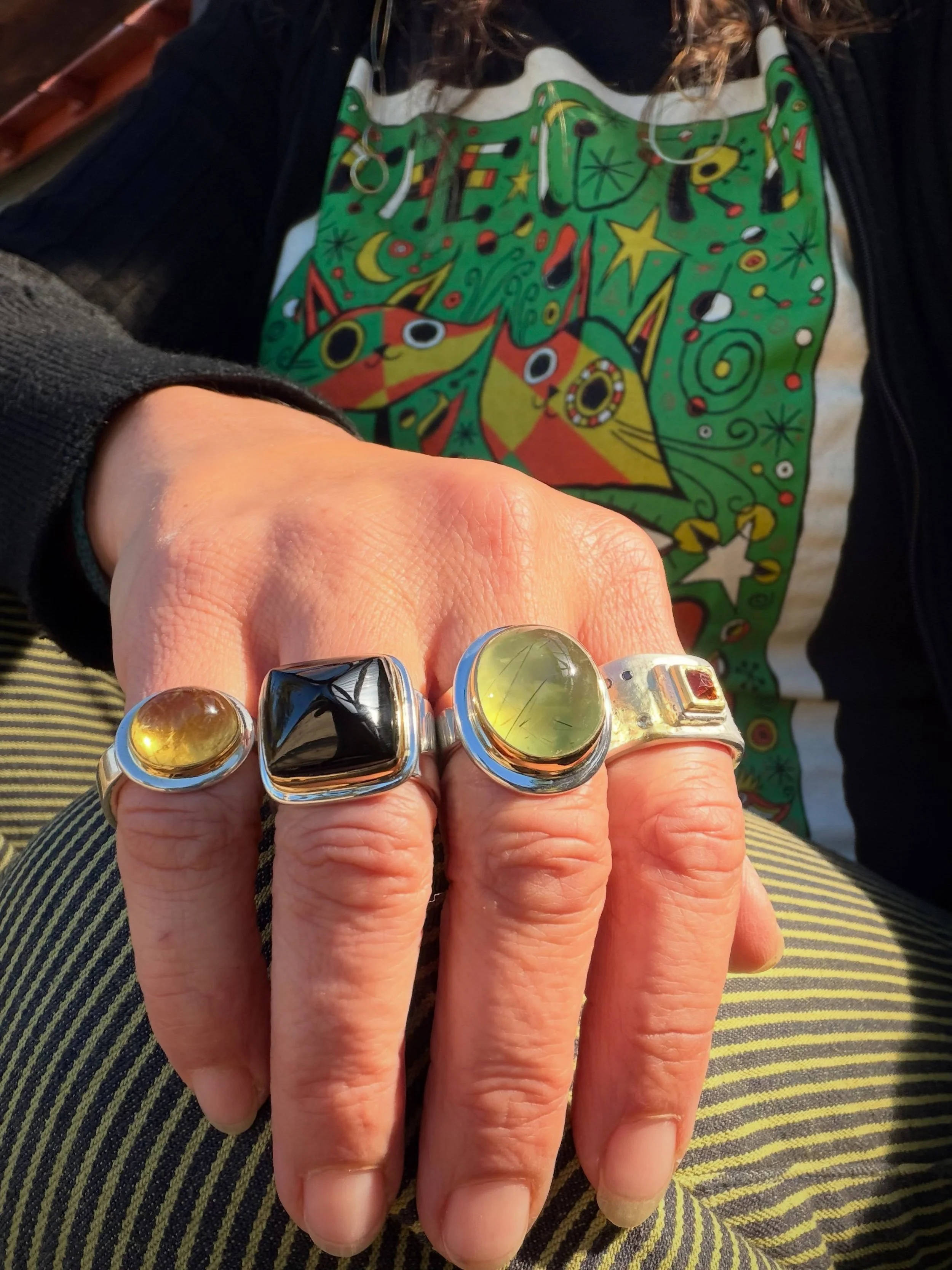 To become a ring maker&hellip;
Who knew?
With each new piece created, there is never just one favorite,
The heart simply grows. 
&bull;
HELIODOR/ BLACK TOURMALINE/ PREHNITE/ GARNET &amp; DIAMOND CIGAR BAND
&bull;
#handfabricatedjewelry 
#originaljewe