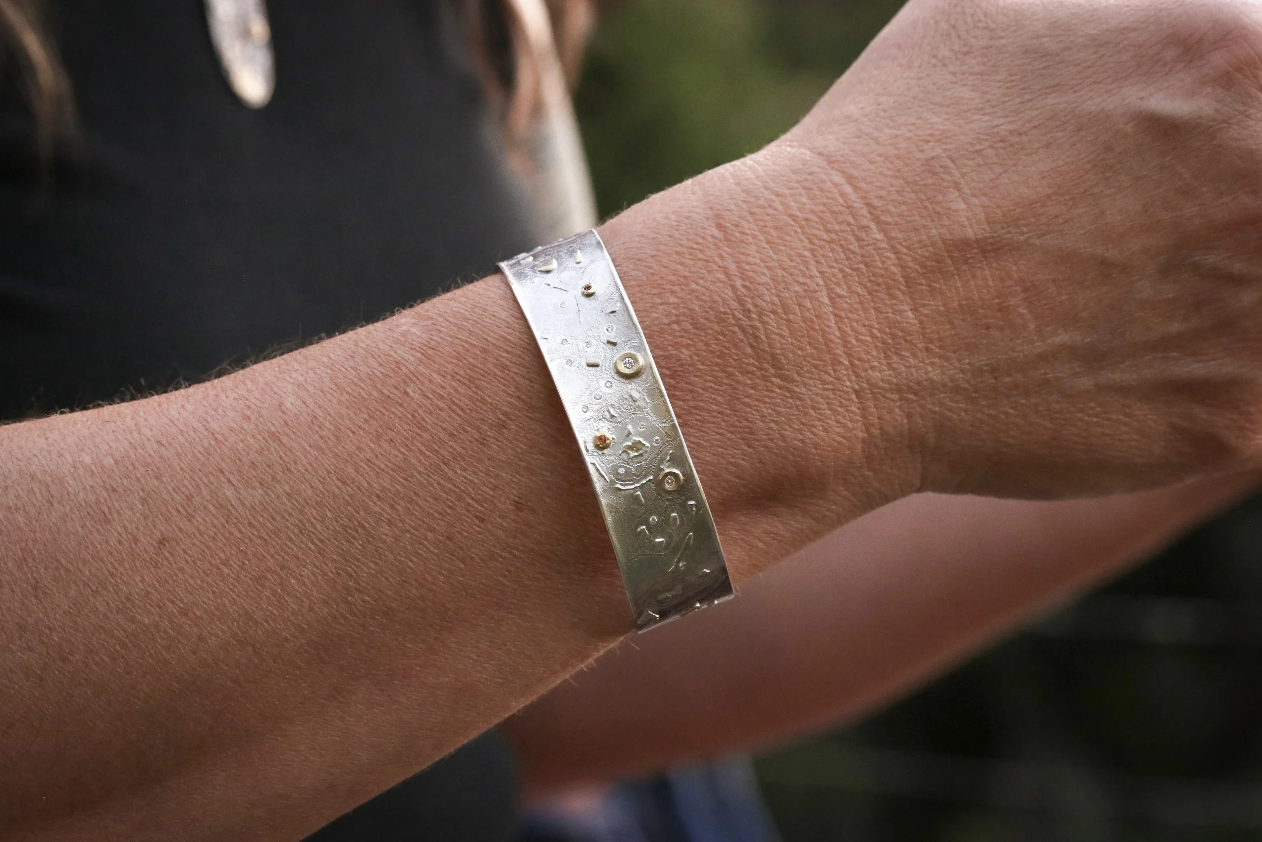 Diamond and Sapphire Cuff Bracelet in 22k Gold & Sterling Silver by Big Sur Goldsmiths