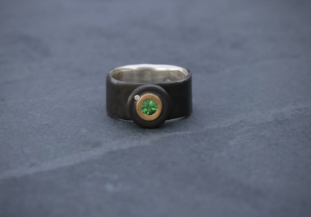 Tsavorite Garnet and Diamonds Ring in 22k Gold & Oxidized Silver