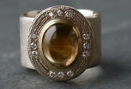 Golden Citrine and Diamonds Ring in 22K Gold & Textured Sterling Silver