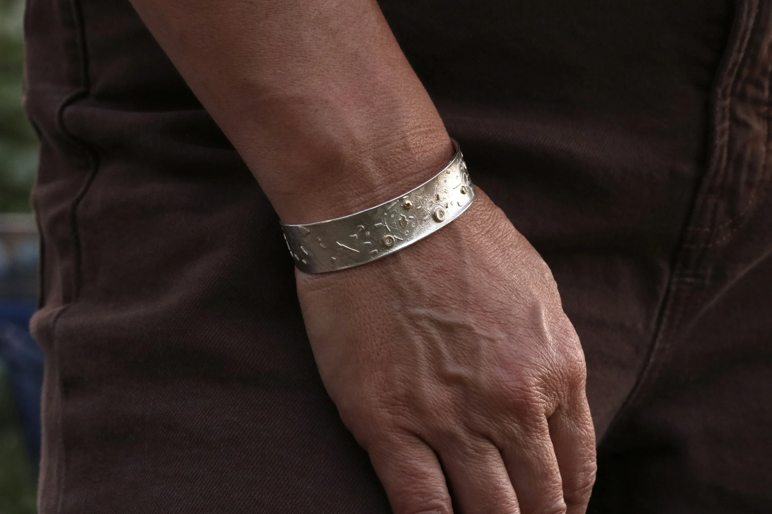 Diamond and Sapphire Cuff Bracelet in 22k Gold & Sterling Silver by Big Sur Goldsmiths