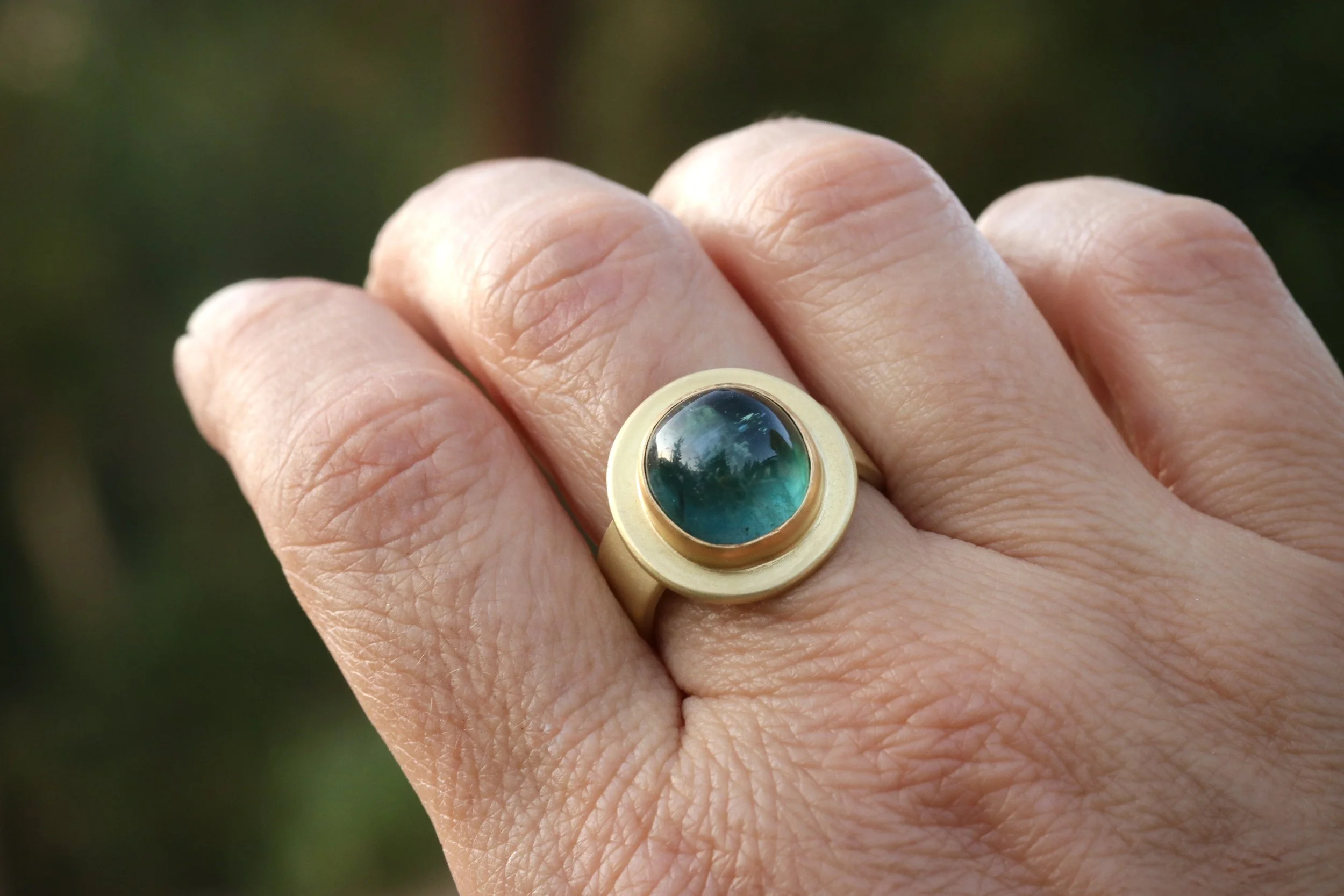 Blue Green Chromatic Tourmaline Ring in 22k & 18k Gold